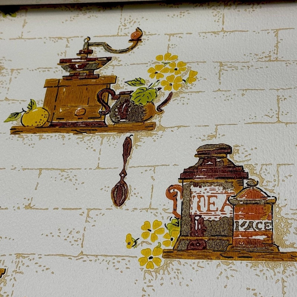 Vintage Wallpaper Shelf Liner Kitchen Coffee Grinder Tea Floral Yellow Farmhouse